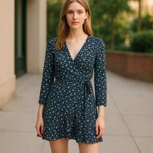 ONLY Floral Wrap Mini Dress Womens 38 Navy White Long Sleeve V Neck